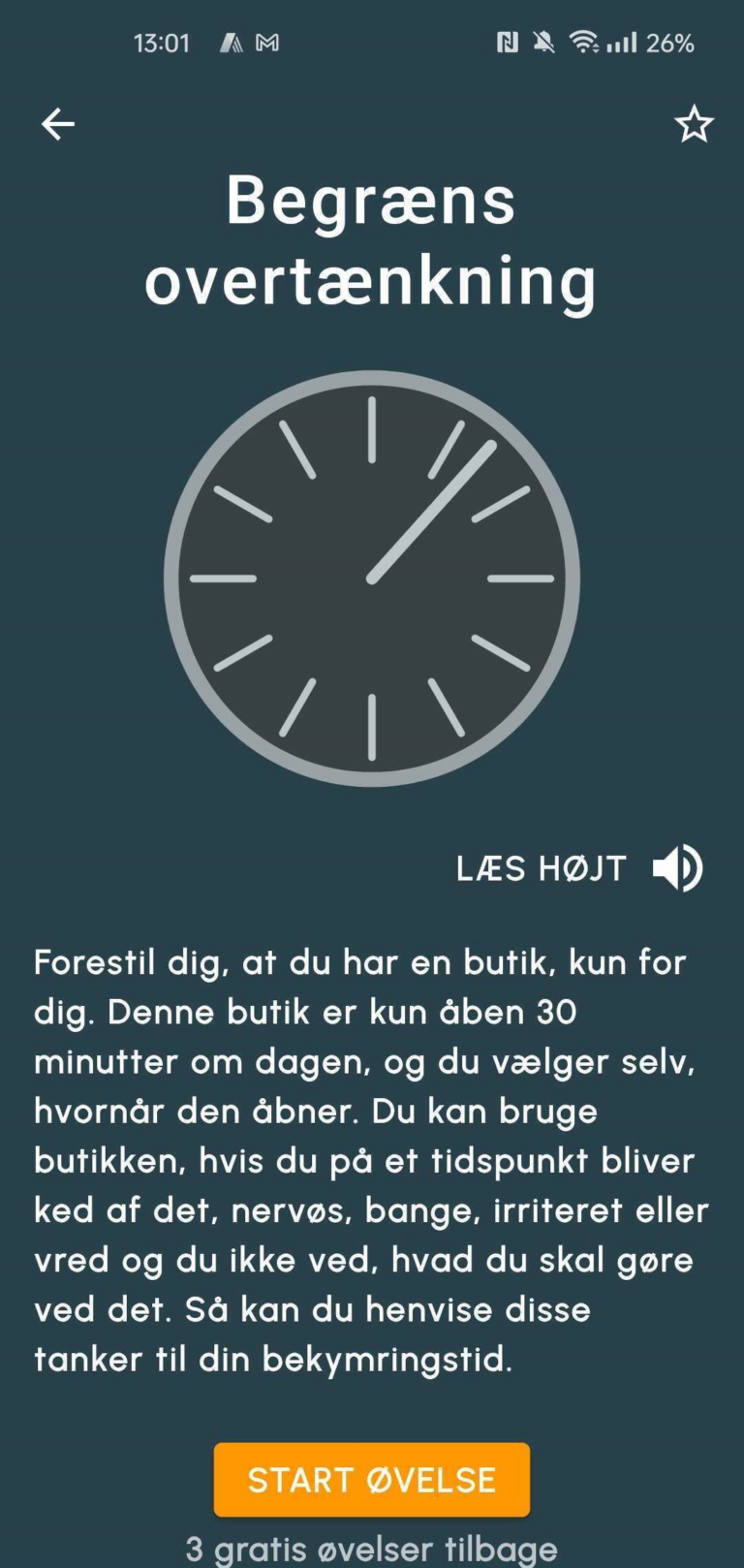 Screenshot fra appen og øvelse om at begrænse overtænkning.