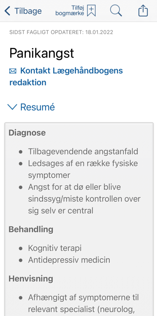 Screenshot fra Lægehåndbogen om panikangst