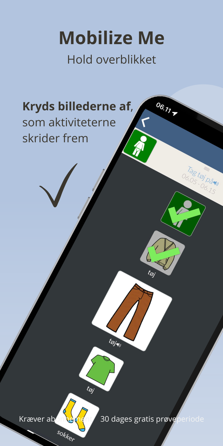 Mobilize Me screenshot og illustration med tekst - kryds billeder af, som aktiviteterne skrider frem