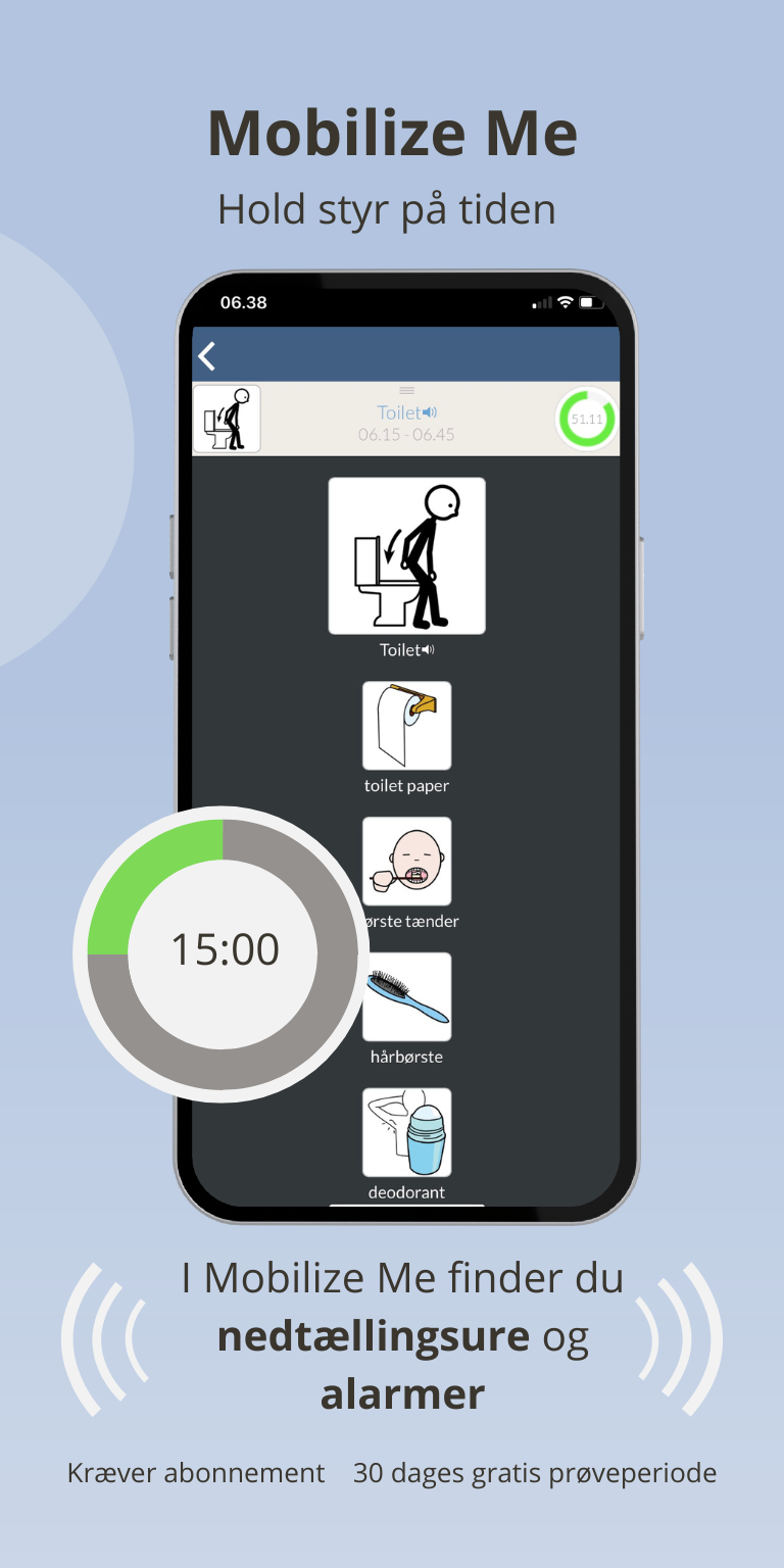 Mobilize Me screenshot og illustration med tekst - I appen finder du nedtællingsure og alarmer